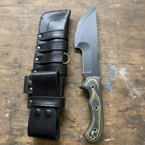 Premium BWK forest tracker knife 62 HRC multipurpose knife 12.5 inch knife saw teeth olive green micarta handle rough gripper leather sheath