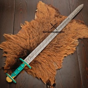 Hand Forged Damascus Steel Viking Sword | Feroza Handle, Leather Sheath