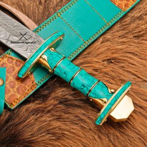 Hand Forged Damascus Steel Viking Sword | Feroza Handle, Leather Sheath
