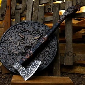 Hand Forged Viking Axe: Norse Wolf Engraving, Carbon Steel Blade