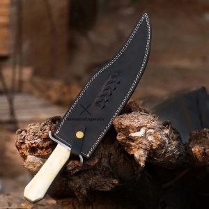 Handmade 5160 Steel Bowie Knife Stabilized Bone Handle, Leather Sheath