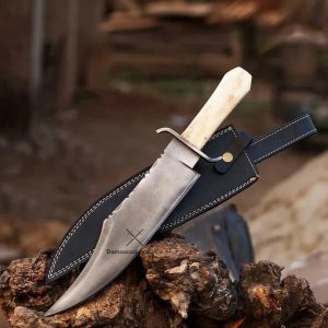 Handmade 5160 Steel Bowie Knife Stabilized Bone Handle, Leather Sheath