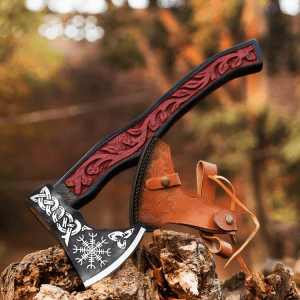 Hand Forged Viking Axe Replica  Etched Handle Leather Sheath  Collectible Display