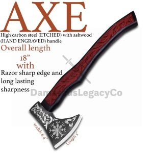 Hand Forged Viking Axe Replica  Etched Handle Leather Sheath  Collectible Display