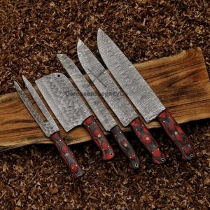 Handmade Damascus Chef Knife Set: 5 Piece Kitchen Knives with Leather Roll