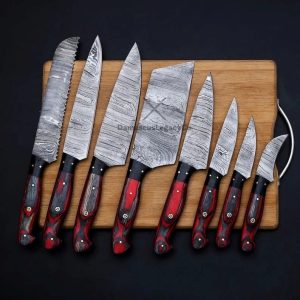 Handmade Damascus Steel Chef Knife Set: 8-Piece Kitchen Cutlery with Leather Bag