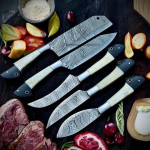 Handmade Damascus Chef Knife Set: Camel Bone Handle, Leather Roll