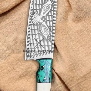 Hand-Forged Damascus Steel Chef Knife with Deer Antler Handle & Custom Leather Sheath