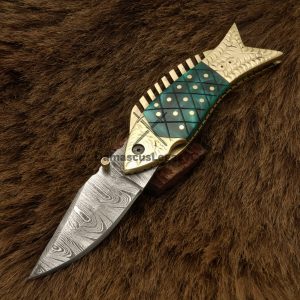 Handmade Damascus Folding Knife: Camel Bone Handle, Brass Fish Design