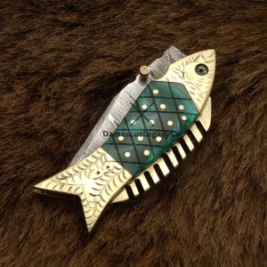 Handmade Damascus Folding Knife: Camel Bone Handle, Brass Fish Design