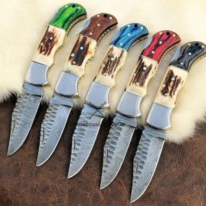 Custom Made Knife Set: 5 Damascus Folding Knives with Stag Horn & Wood Handles