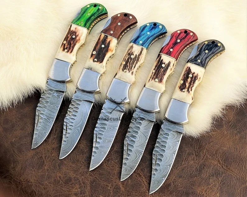 Custom Made Knife Set: 5 Damascus Folding Knives with Stag Horn & Wood Handles
